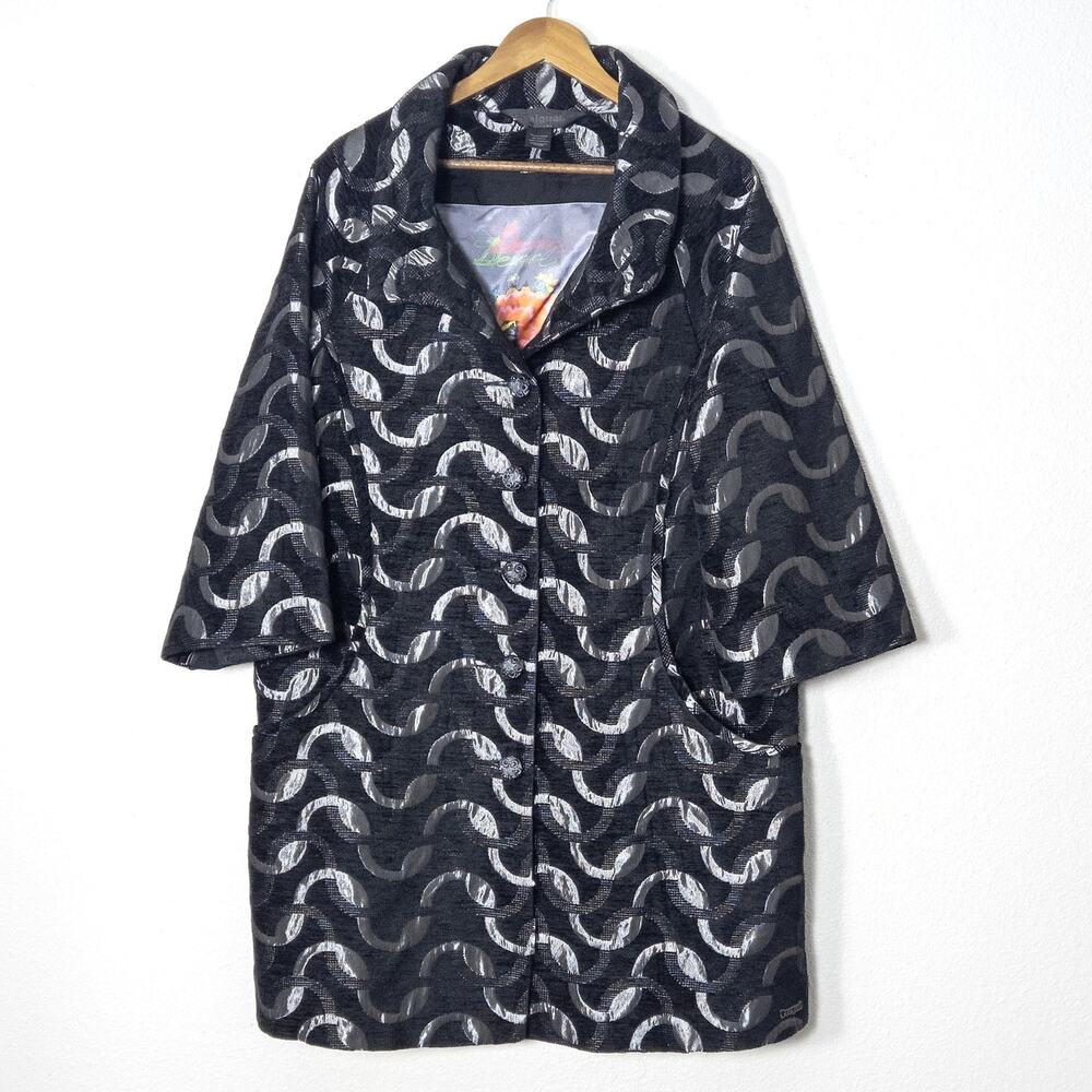 Desigual Overcoat Size 12 Black Abstract Patterned Long Sleeve Coat